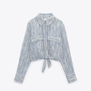 Zara Women's Blue and White Striped Button Down Shirt